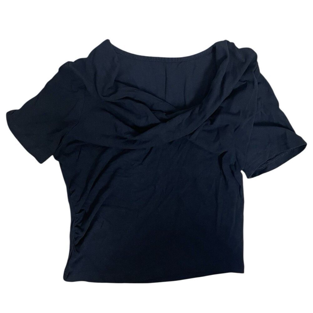 Black Ruched Crop Top Size S Stretch Short Sleeve Fitted Blouse